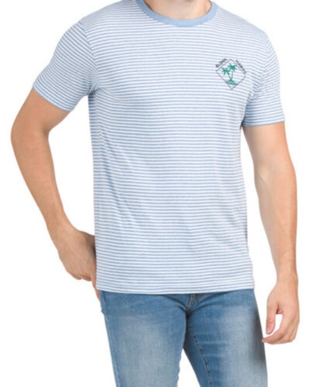 Denim & Flower Ricky Singh Aloha Hawaii Shirt Blue Striped Crewneck T-Shirt